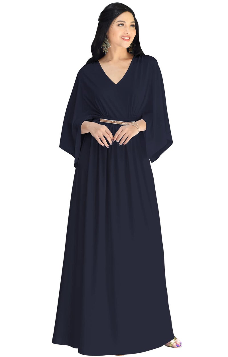 KOH KOH Womens Long V-Neck Half Batwing Dolman Sleeve Evening Cocktail Flowy Empire Waist Bridesmaid Formal Kaftan Wedding Guest Gown Gowns Maxi Dress Dresses, Dark Navy Blue M 8-10 - Image 1